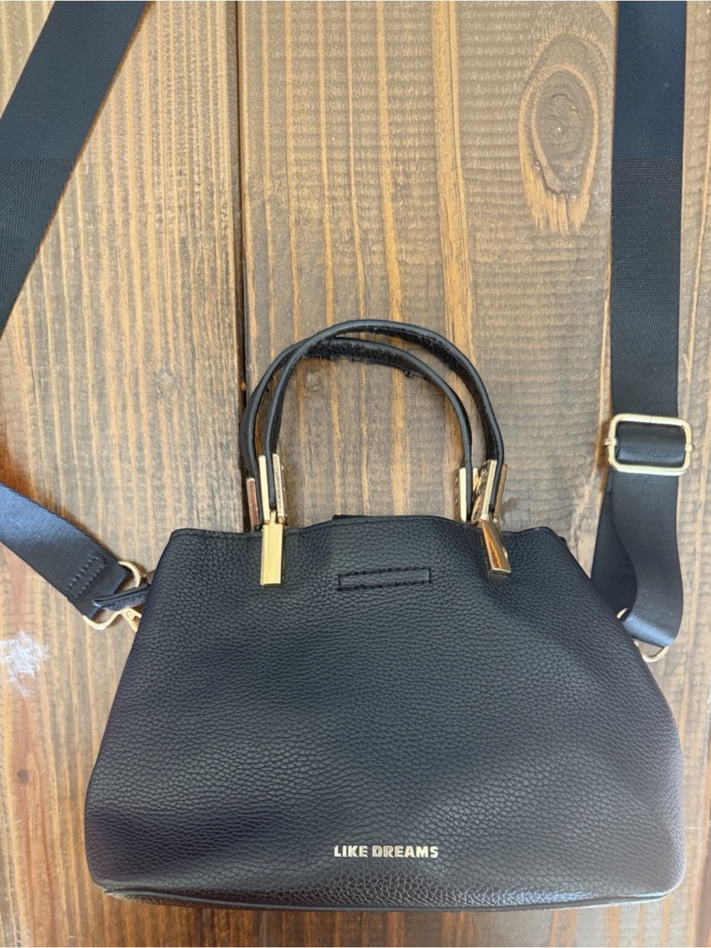Like Dreams Black Pebbled Leather Shoulder Bag with Gold Accents